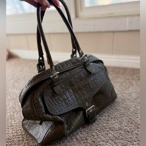 Nordstrom Genuine Leather Shoulder Bag Croc Embossed- Olive Green Made in Itay